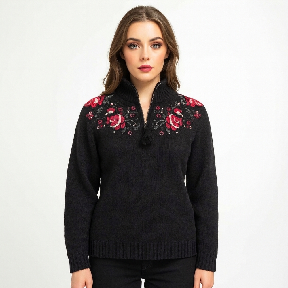 Vintage Jillian Jones Lambswool 1/4 Zip Turtleneck Floral Embroidery
